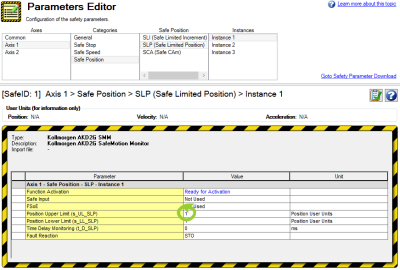 Parameters Editor with Position Upper Limit (s_UL_LLP) value circled